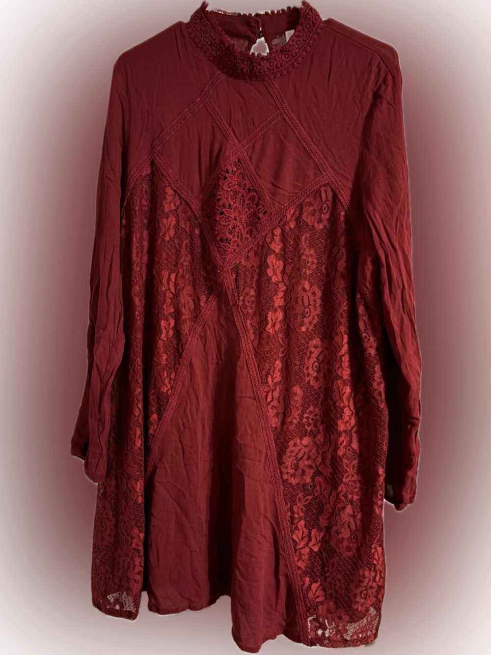 Burgundy Lace Panel Long Sleeve Lined Tunic-Style Dress with High Lace-trim Neck